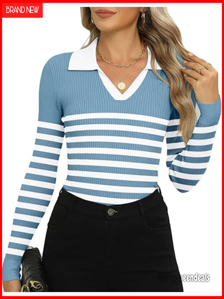 Womens V Neck Ribbed Knit Sweater Tops Long Sleeve Slim Fit Casual Work Shirt